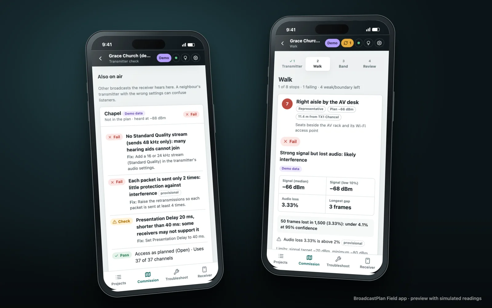 The BroadcastPlan Field app on two phones: a transmitter settings check and a walk stop with lost audio frames, with simulated readings